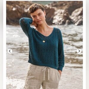 Garnet Hill Turquoise Linen & Organic-Cotton Pointelle Sweater Size S